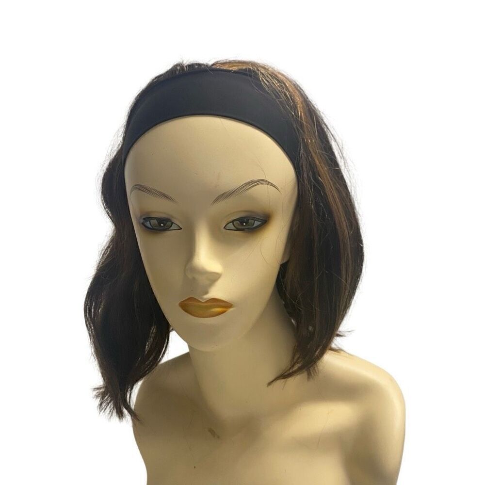 LUVME Human Hair Wig With Headband Brown With‎ Few Highlights Asymmetrical Style